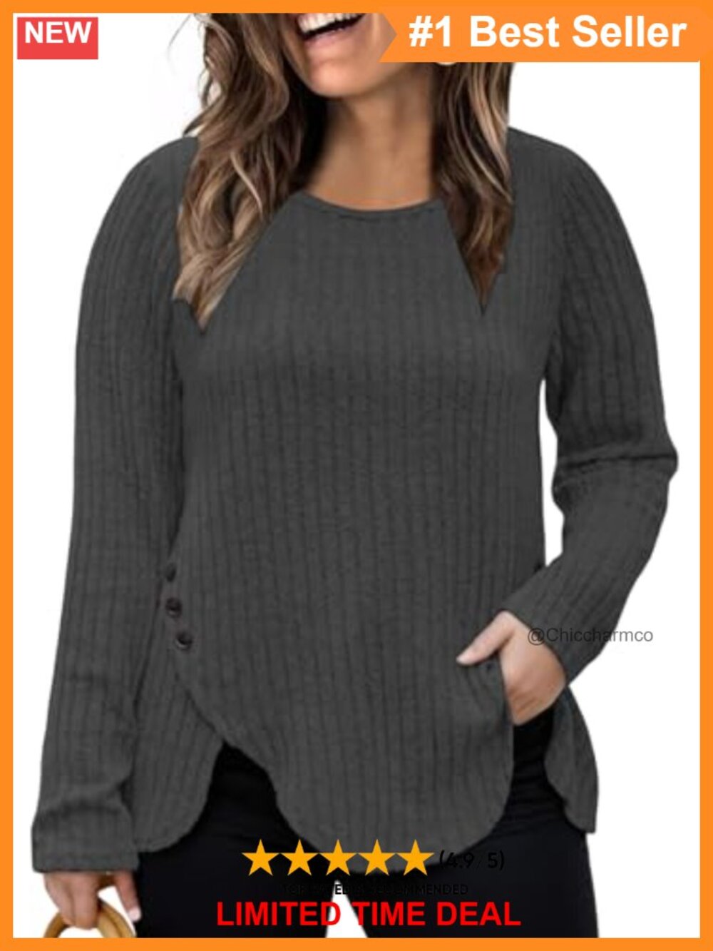 Plus Size Tulip Hem Long Sleeve Tunic Top with Button Decor